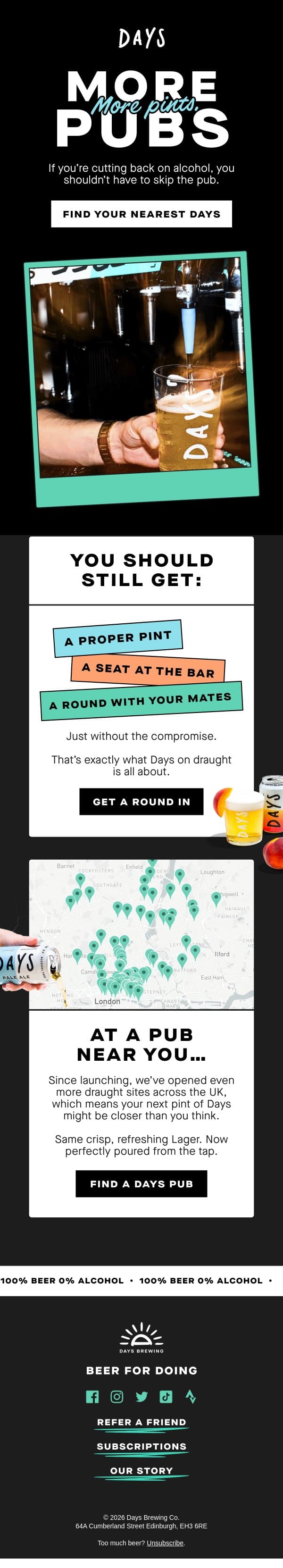 More pubs. More pints. email from Days Brewing Co screenshot