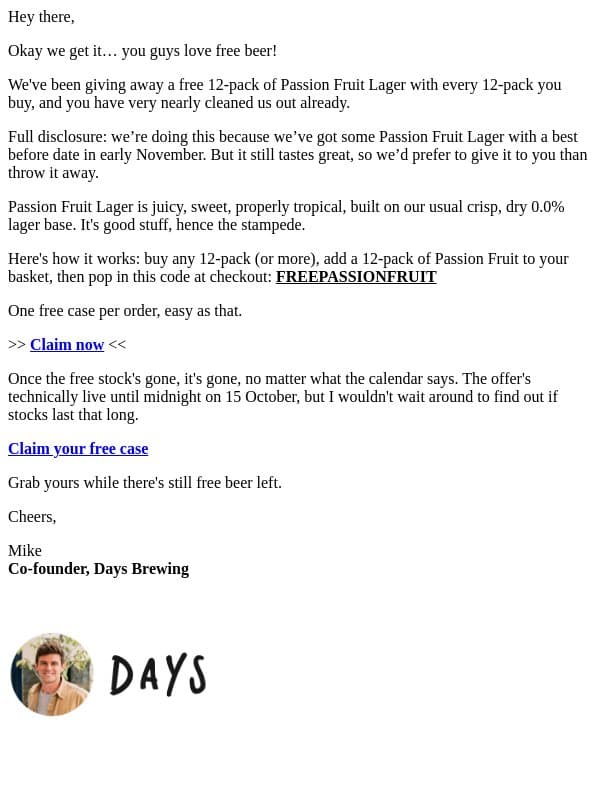 ⏰ Running low on FREE Passion Fruit email from Days Brewing Co