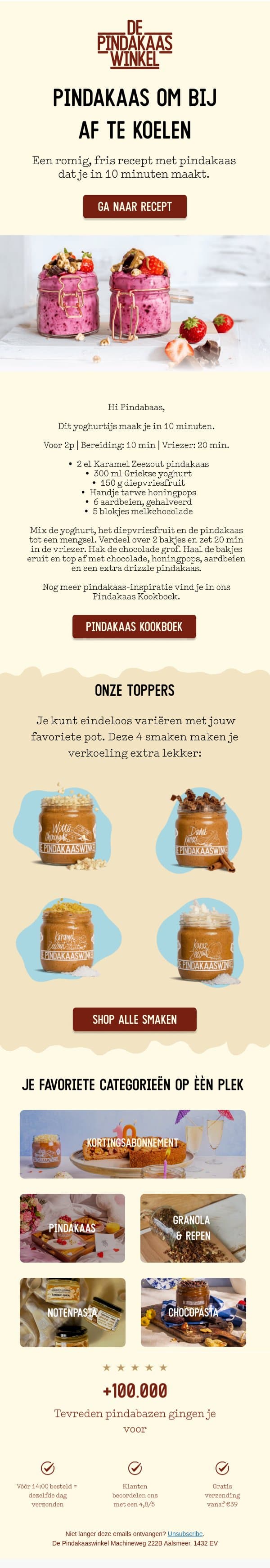 Ontdek het populairste zomerrecept met pindakaas email from De Pindakaaswinkel screenshot