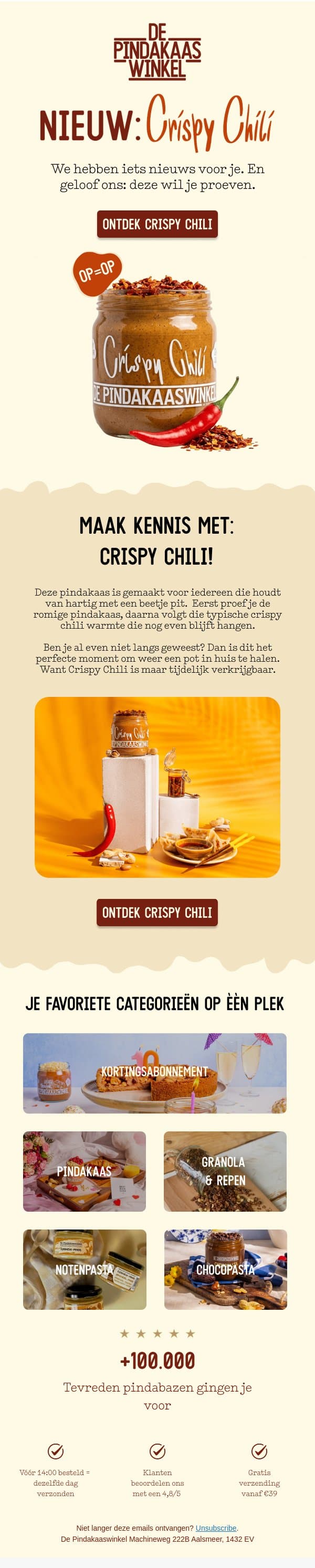 Ontdek onze nieuwe smaak: Crispy Chili! ๐ถ๏ธ email from De Pindakaaswinkel screenshot