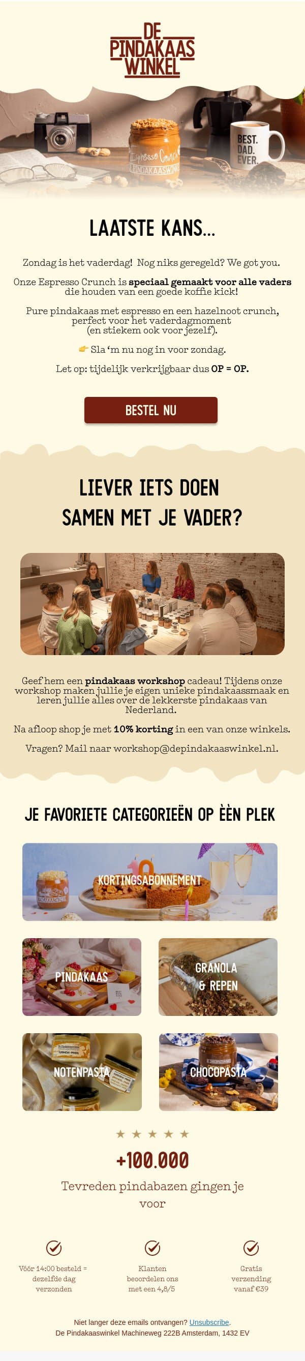 Nog niks voor Vaderdag? Wij fixen ’t ☕ email from De Pindakaaswinkel screenshot