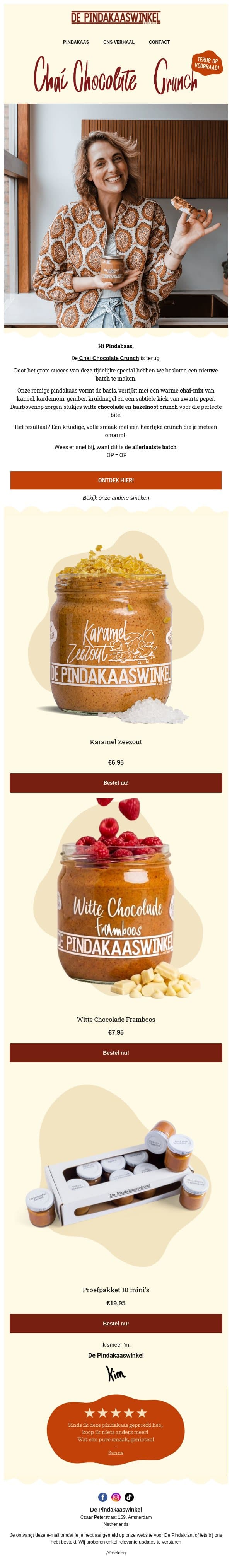 Terug op voorraad: Chai Chocolate Crunch!😋 email from De Pindakaaswinkel screenshot
