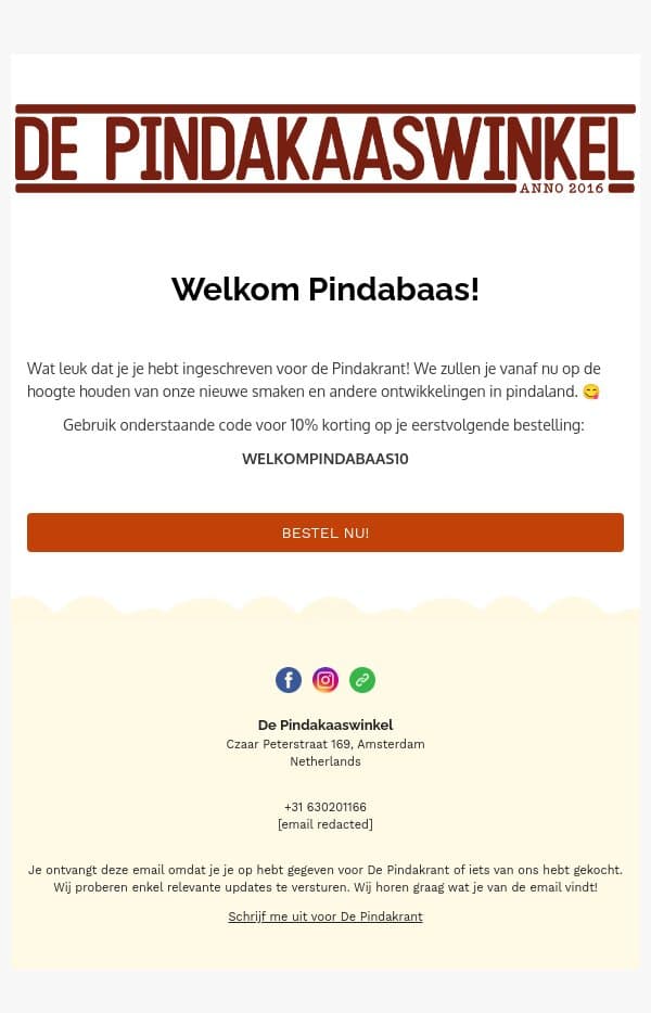 Welkom Pindabaas! 🥜 email from De Pindakaaswinkel screenshot
