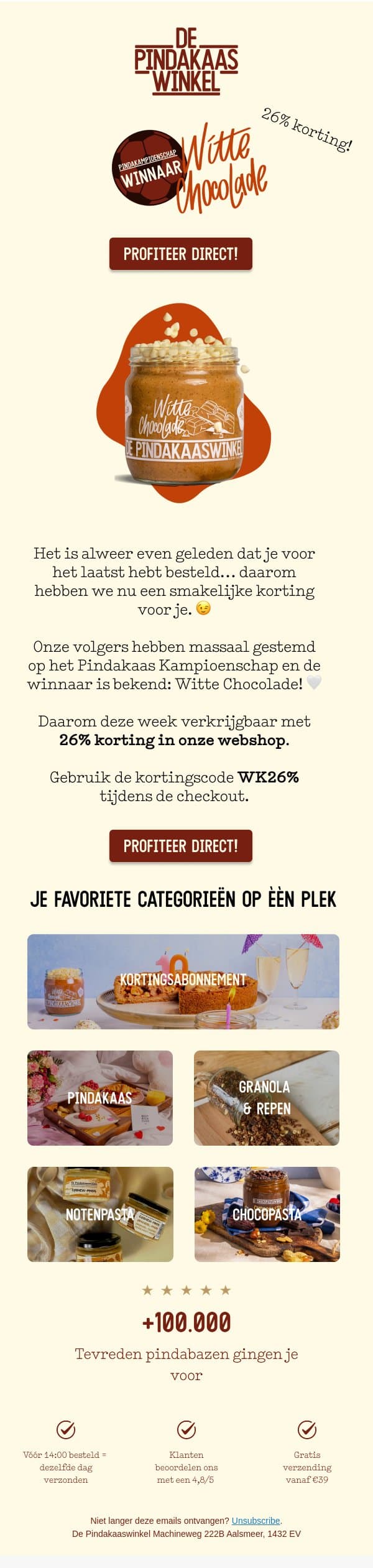 Deze week: Witte Chocolade 26% korting! π email from De Pindakaaswinkel screenshot