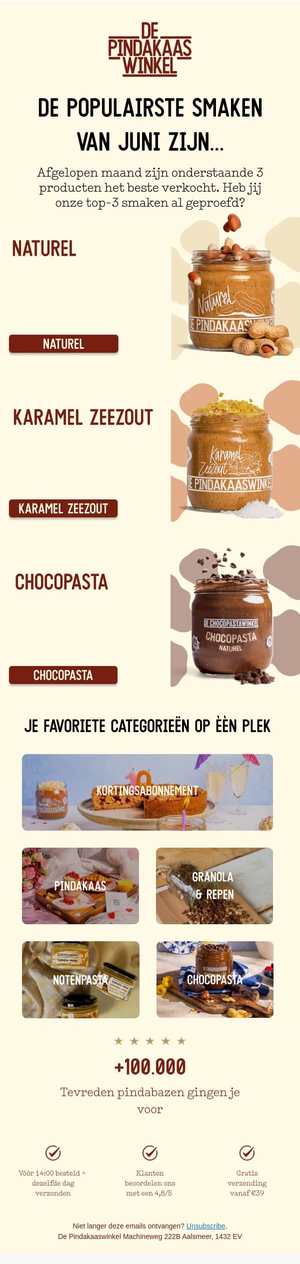 De top 3 producten van afgelopen maand... email from De Pindakaaswinkel screenshot