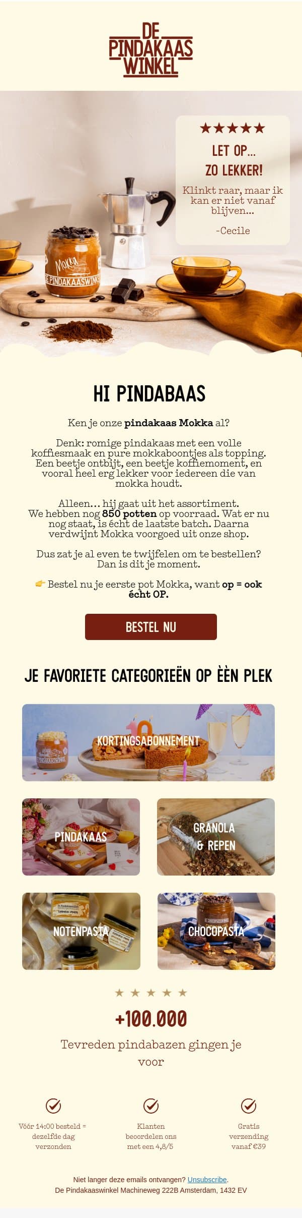 Je laatste kans op Mokka ☕ email from De Pindakaaswinkel screenshot