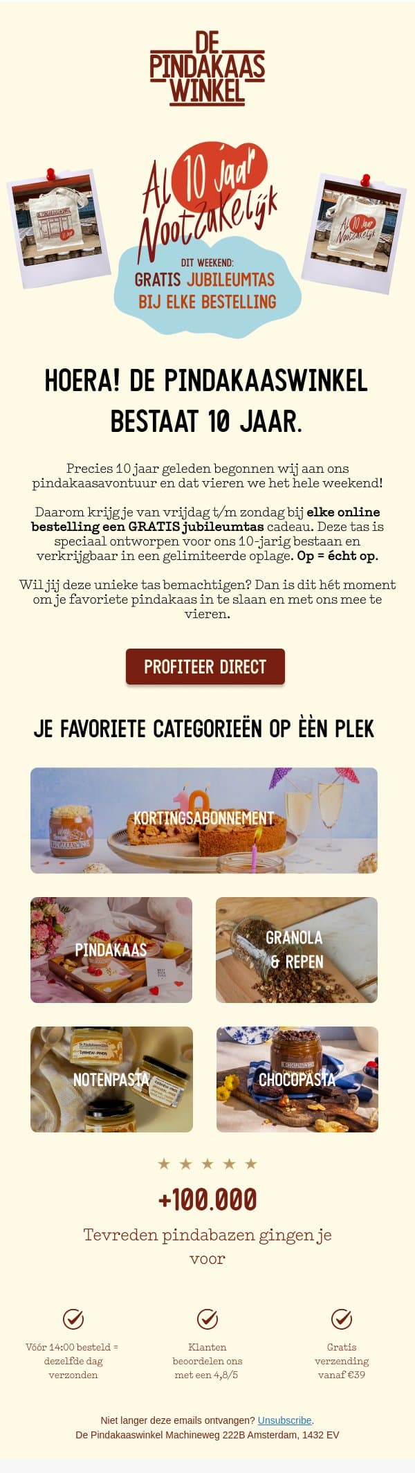 Gratis tas bij ELKE bestelling email from De Pindakaaswinkel screenshot