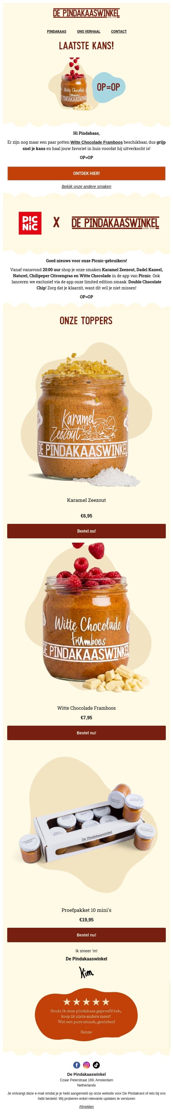 De voorraad raakt op: laatste potten nu verkrijgbaar⏰ email from De Pindakaaswinkel screenshot