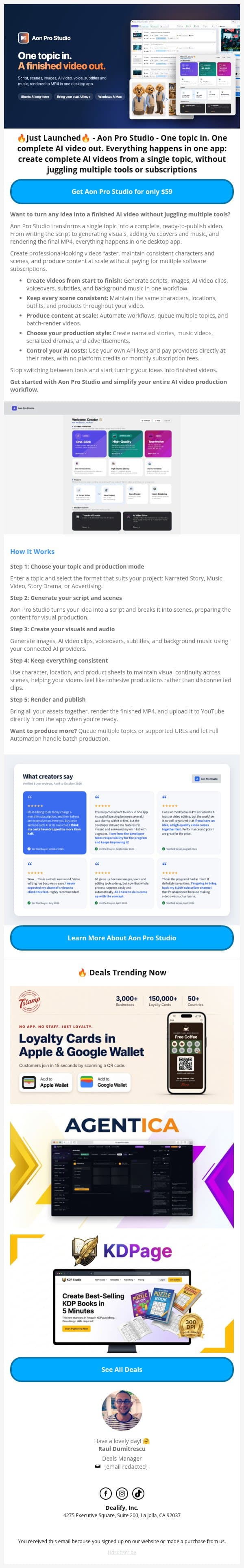 🚀 New Lifetime Deal: Aon Pro Studio - One topic in.A finished video out email from Dealify screenshot