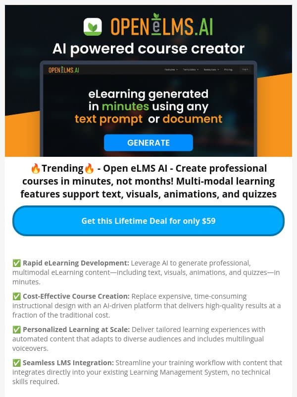 β Trending Lifetime Deal: Open eLMS Al - Your Al powered course creator email from Dealify