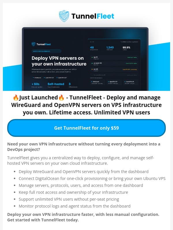 🚀 New Lifetime Deal: TunnelFleet - Deploy VPN servers on your own infrastructure email from Dealify