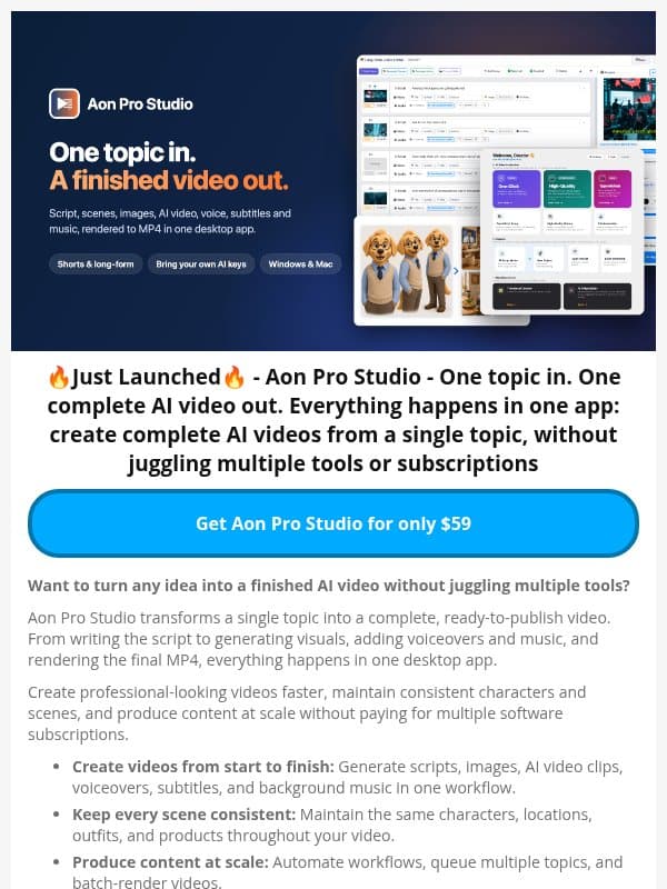 🚀 New Lifetime Deal: Aon Pro Studio - One topic in.A finished video out email from Dealify
