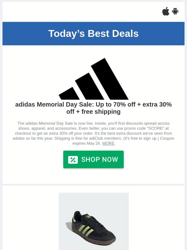 🚨adidas Memorial Day Sale: Up to 70% off + EXTRA 30% Off email from DealNews