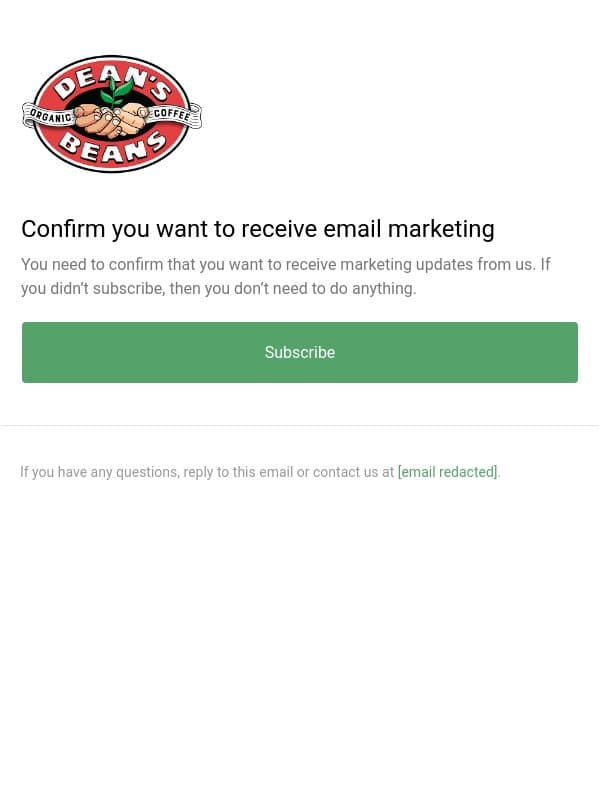 Confirm you want to receive email marketing email from Dean’s Beans screenshot