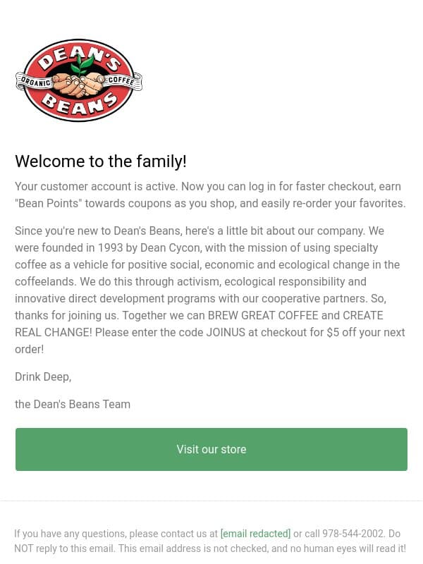 Welcome to Dean's Beans! email from Dean’s Beans