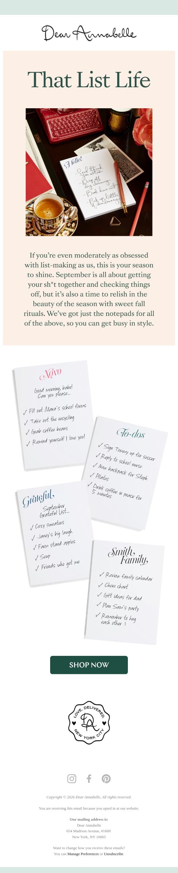 Lists, Lists, Lists! email from Dear Annabelle screenshot