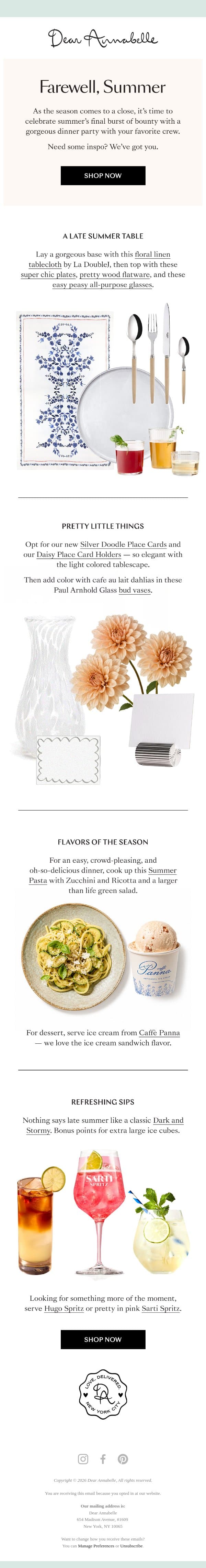 Farewell Summer Dinner Party email from Dear Annabelle screenshot