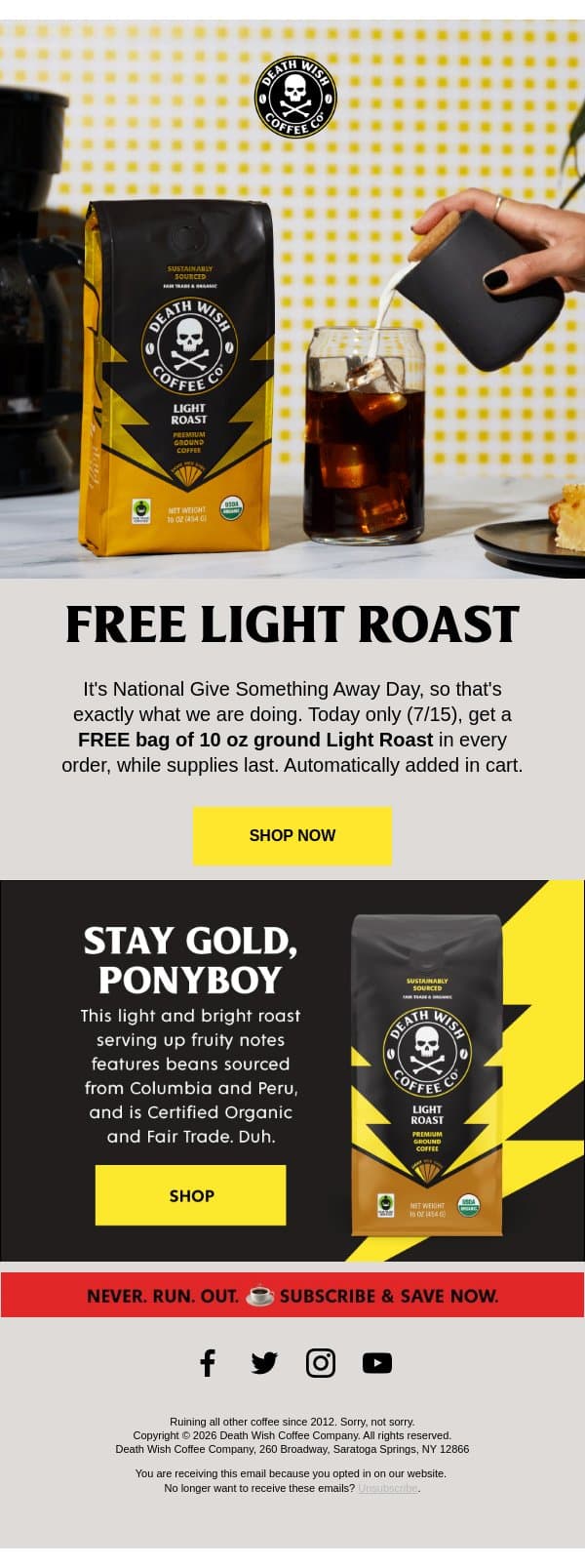 FREE LIGHT ROAST 🤯 email from Death Wish Coffee screenshot