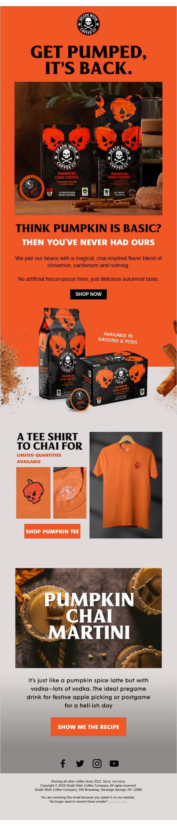 Pumpkin Chai Is BACK π email from Death Wish Coffee screenshot