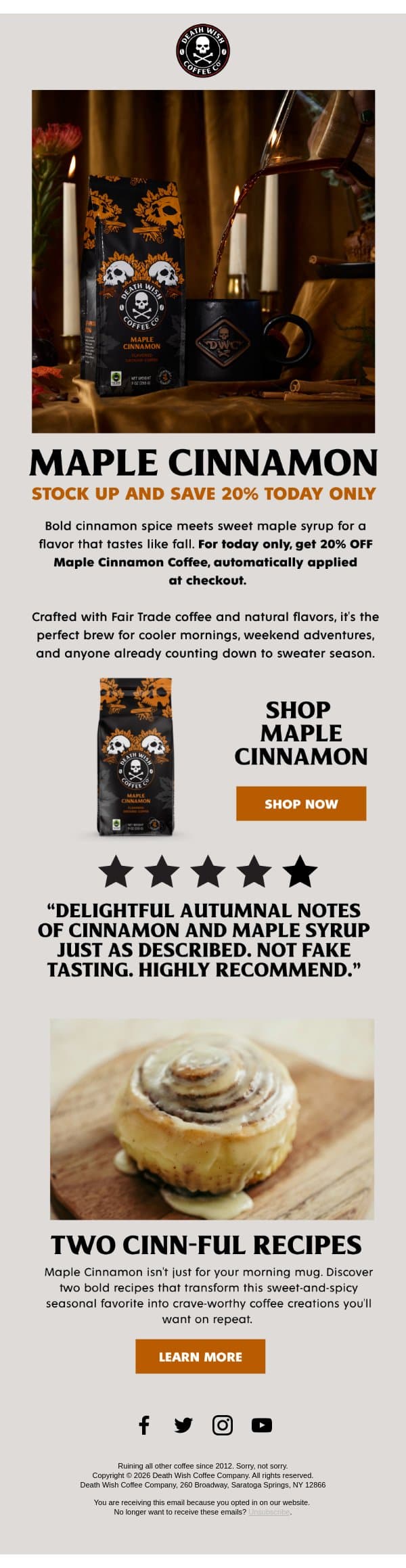 MAPLE CINNAMON FLASH DEAL email from Death Wish Coffee screenshot