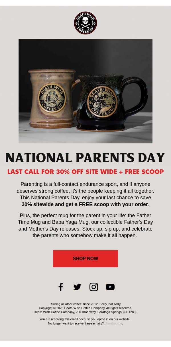 PARENTS DAY: 30% OFF SITE WIDE email from Death Wish Coffee screenshot