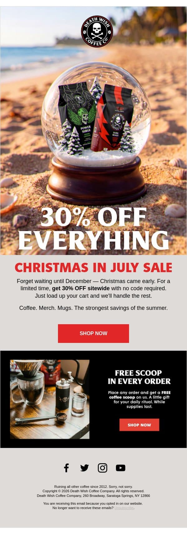 30% OFF EVERYTHING 🎄 email from Death Wish Coffee screenshot