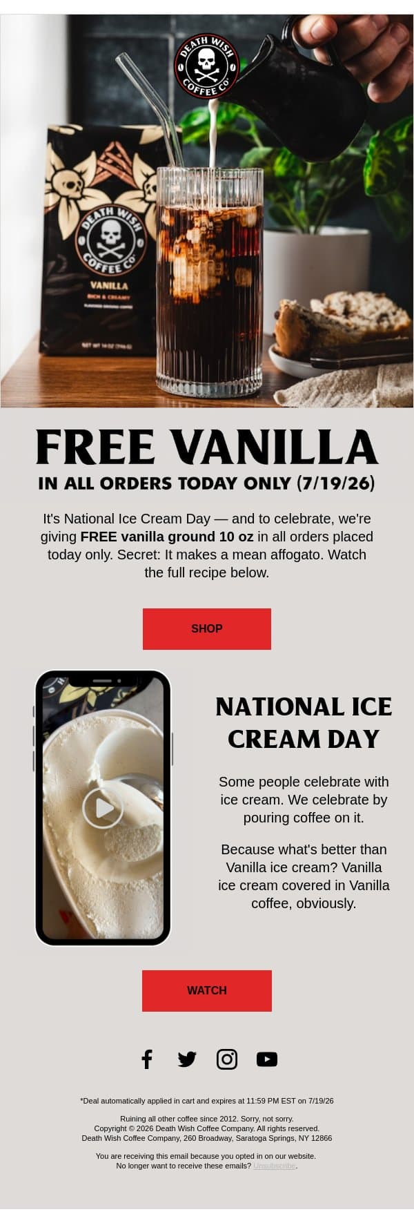 TODAY ONLY: FREE VANILLA π¦ email from Death Wish Coffee screenshot