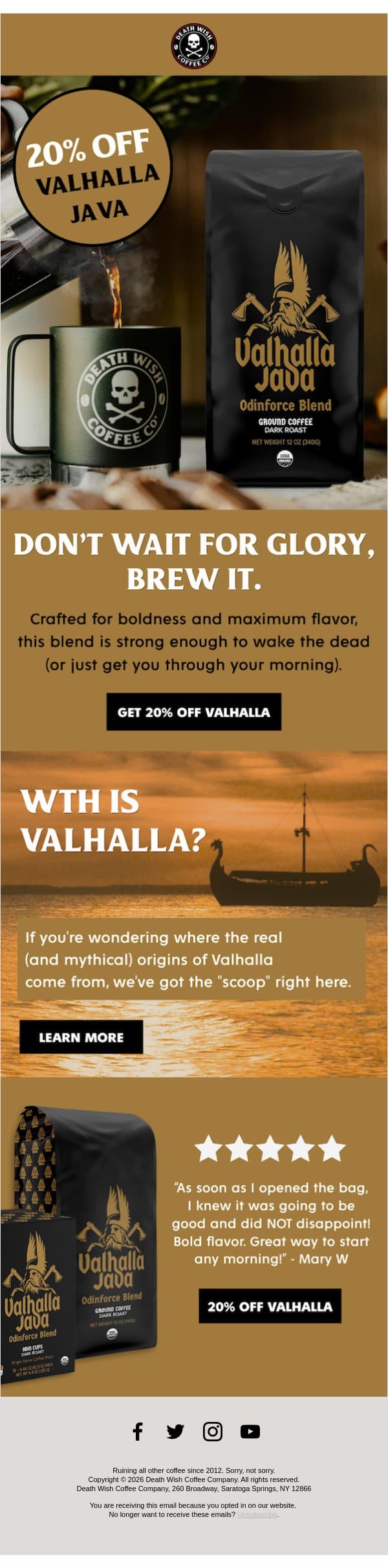 20% OFF VALHALLA JAVA ⚡ email from Death Wish Coffee screenshot