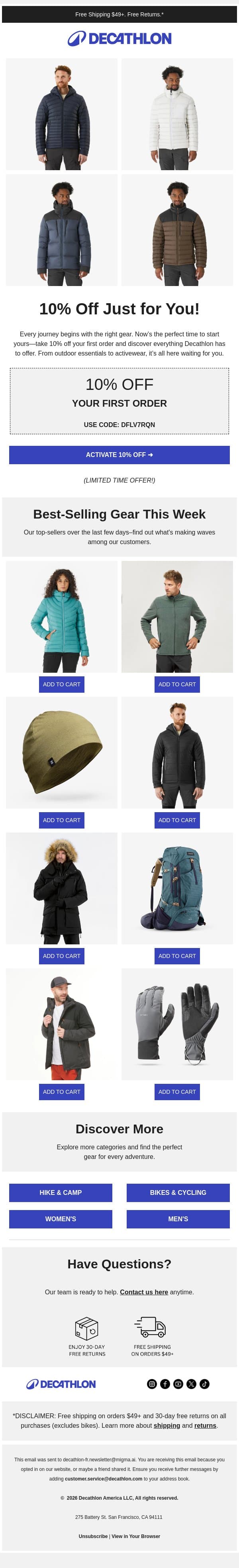 JUST FOR YOU – 10% OFF ➜ email from Decathlon screenshot