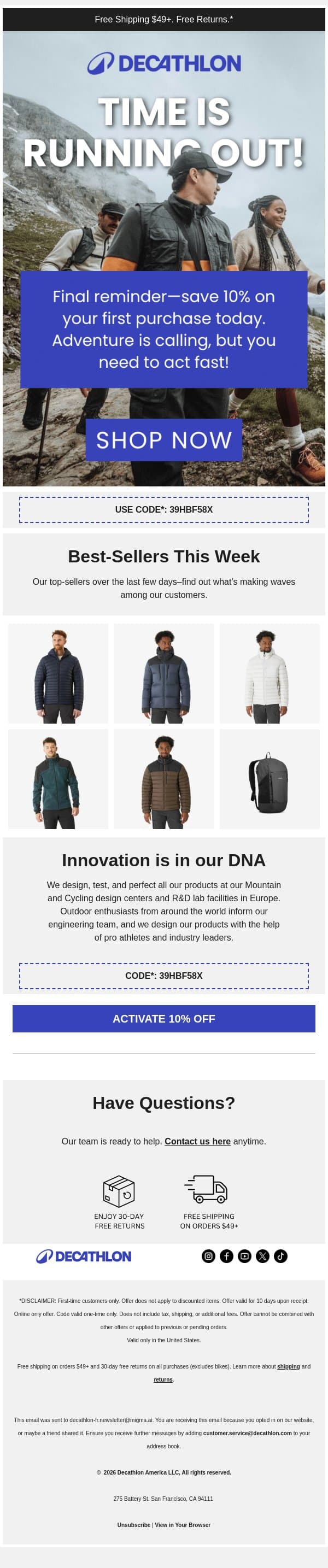 EXPIRING SOON – 10% OFF ➜ email from Decathlon screenshot