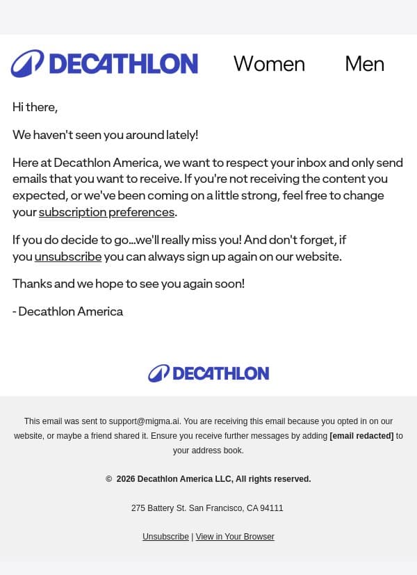 Time to say goodbye? email from Decathlon screenshot