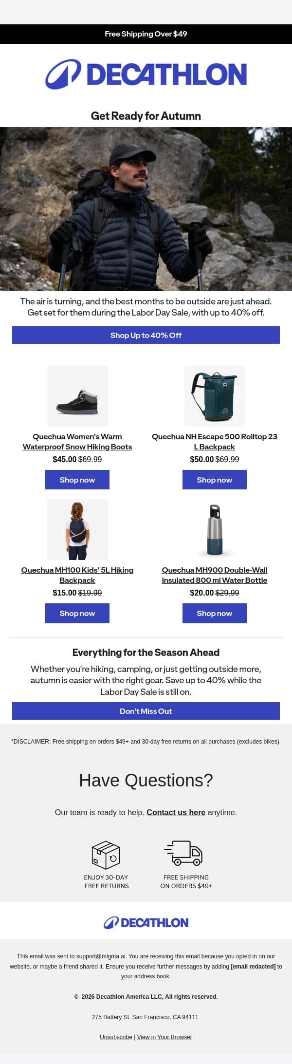 Cooler days ahead βοΈβπ email from Decathlon screenshot