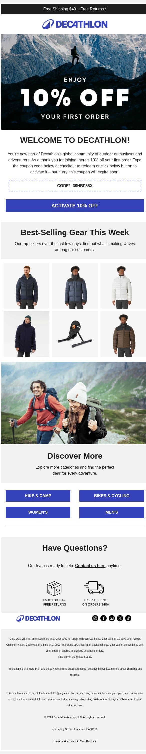 Welcome to Decathlon! email from Decathlon screenshot
