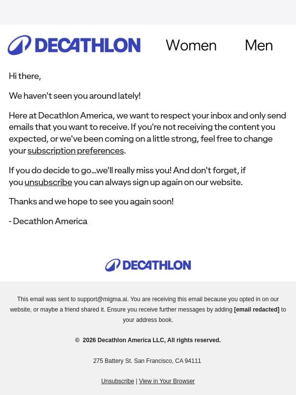 Time to say goodbye? email from Decathlon
