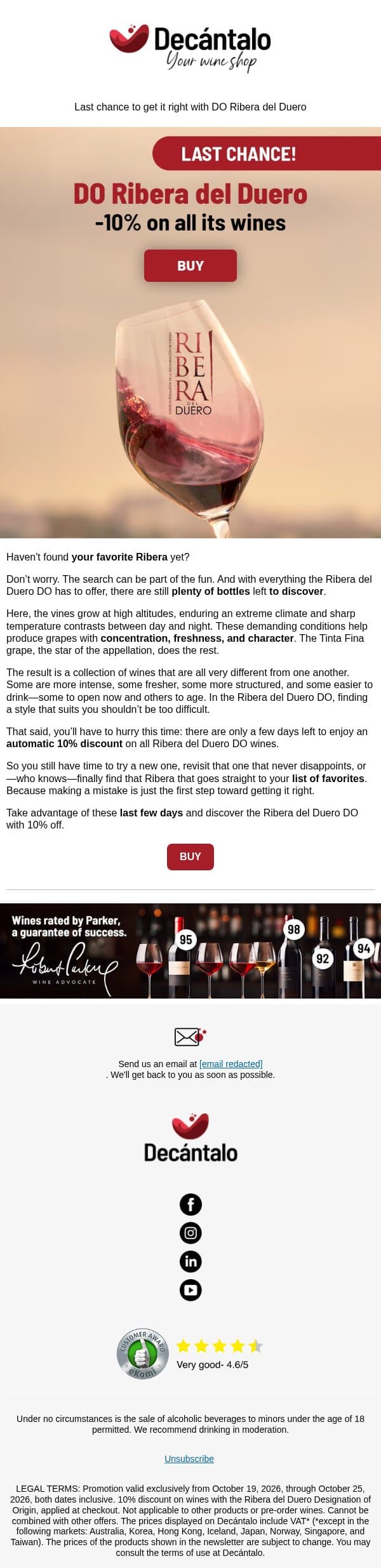 Haven't taken advantage of your 10% off DO Ribera del Duero yet? email from Decántalo screenshot