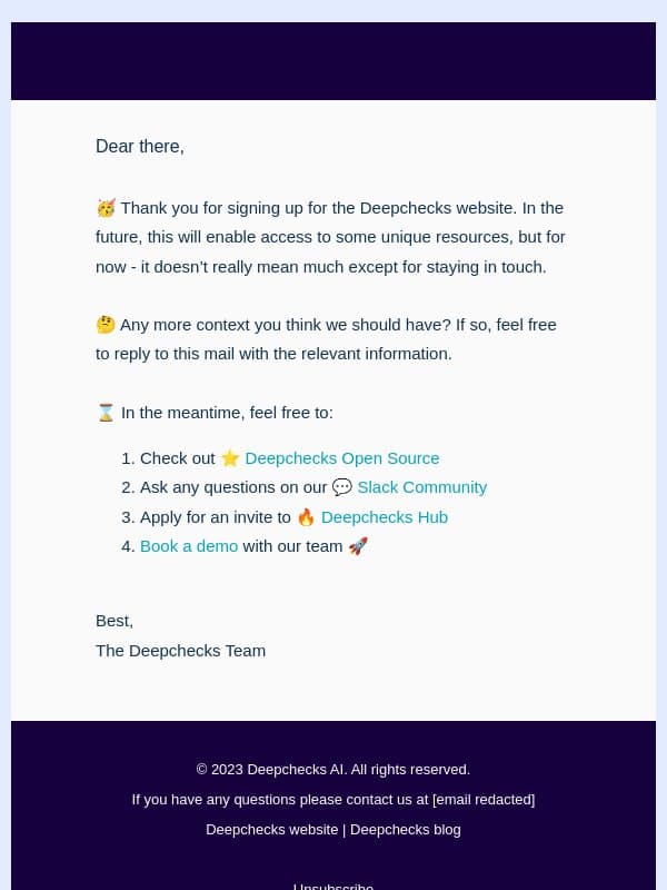 You signed up to the Deepchecks website? 🚀 email from Deepchecks