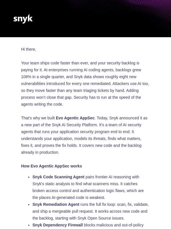 Evo Agentic AppSec has arrived email from DeepCode (acquired by Snyk)
