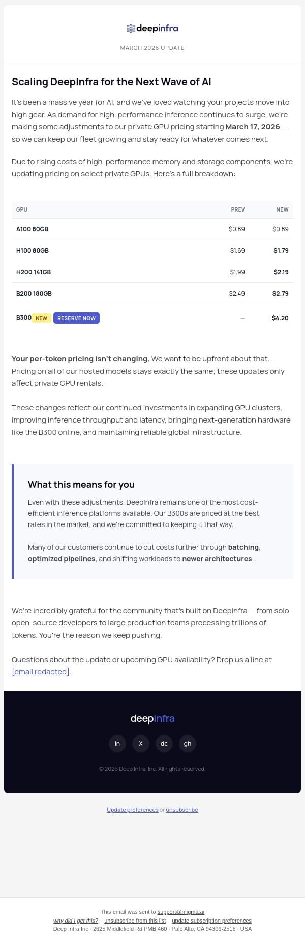 Important! GPU Price Changes email from DeepInfra screenshot