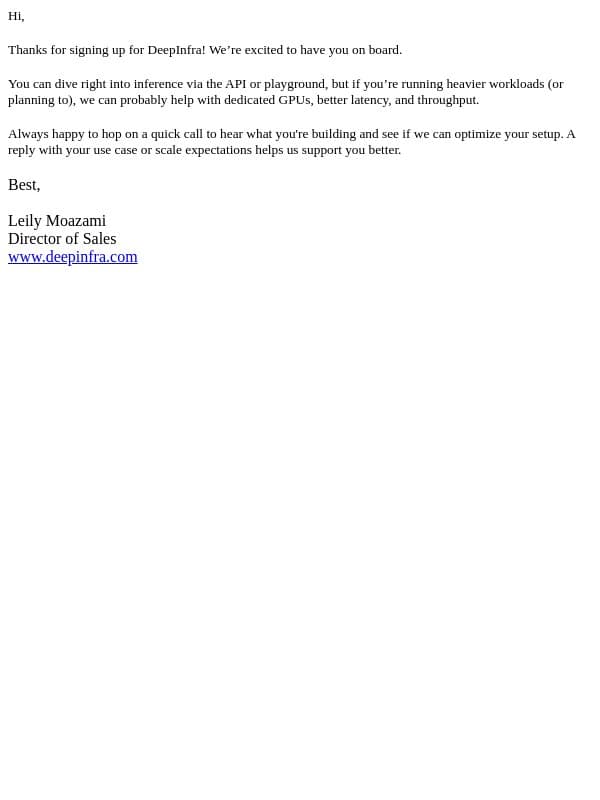 Deep Infra sign up follow up email from DeepInfra screenshot