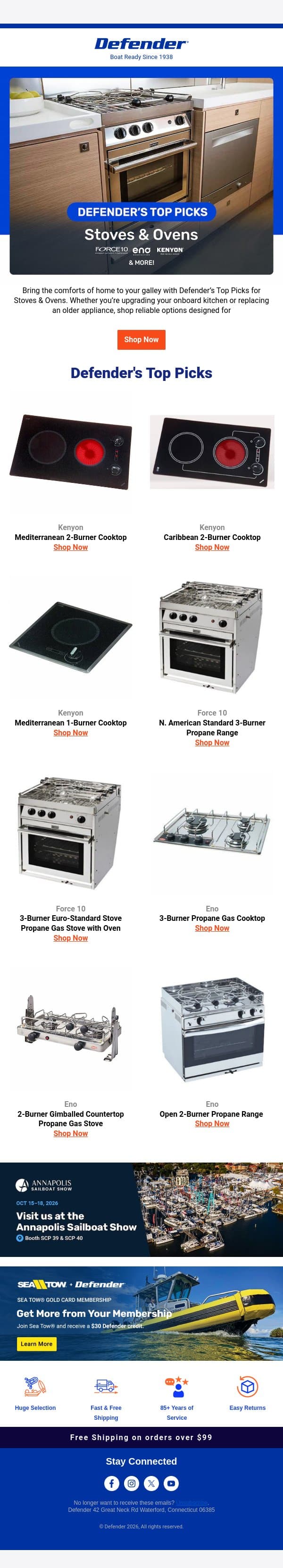 Defender’s Top Picks: Stoves & Ovens email from Defender Marine screenshot