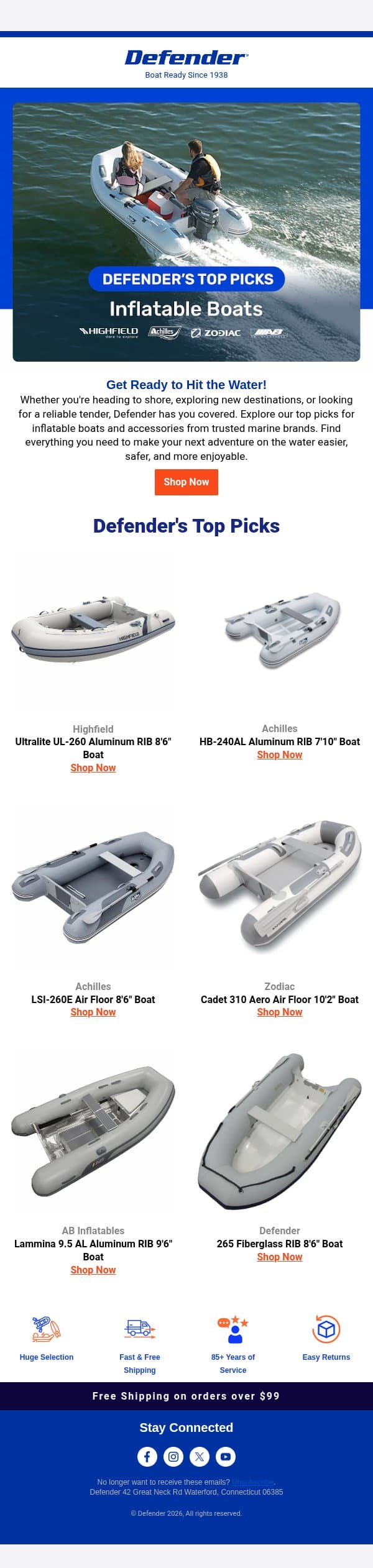 Defender's Top Picks: Inflatables email from Defender Marine screenshot