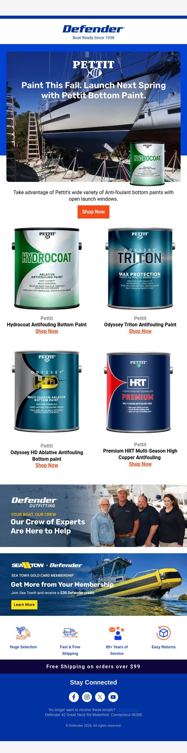 Don’t Spend Spring Painting - Spend it boating email from Defender Marine screenshot