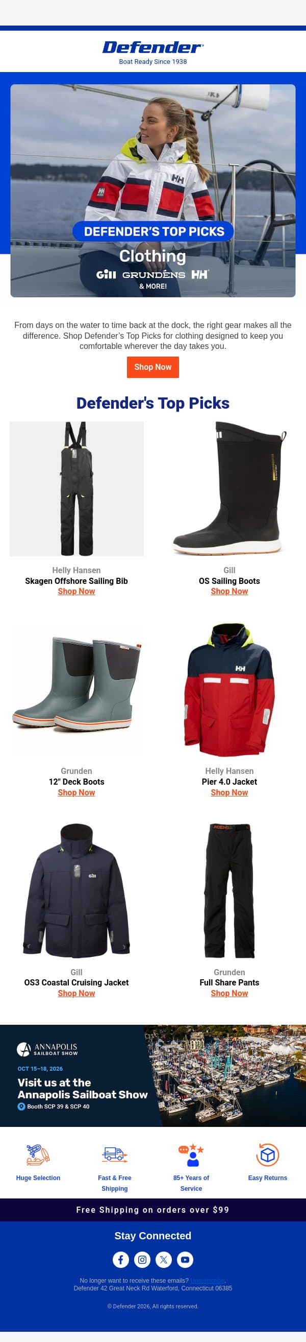 Defender Top Picks: Clothing for Life on the Water email from Defender Marine screenshot