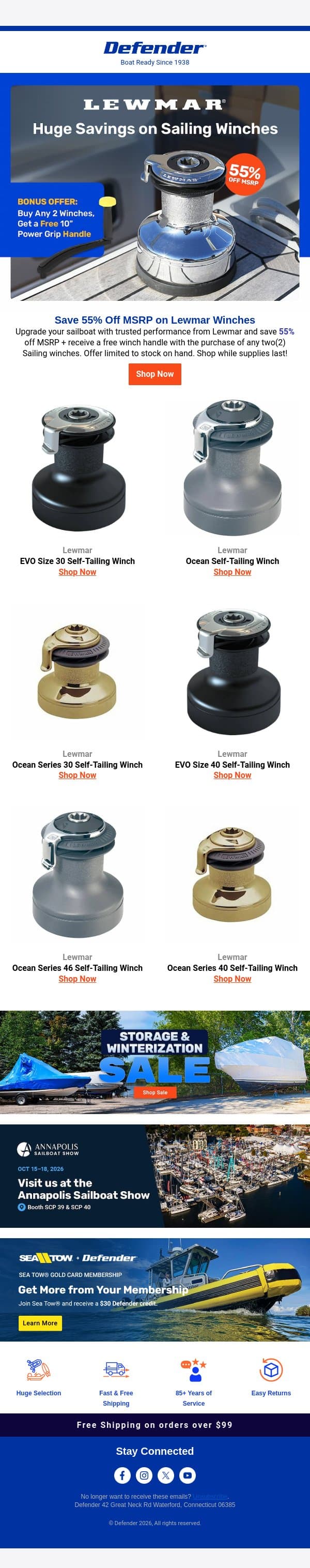 Save 55% Off MSRP on Lewmar Winches email from Defender Marine screenshot