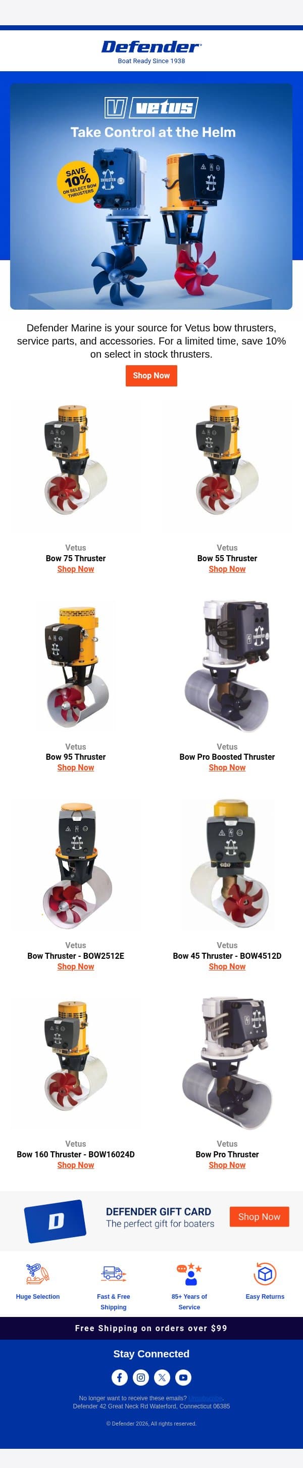 Save 10% on select Vetus thrusters. email from Defender Marine screenshot