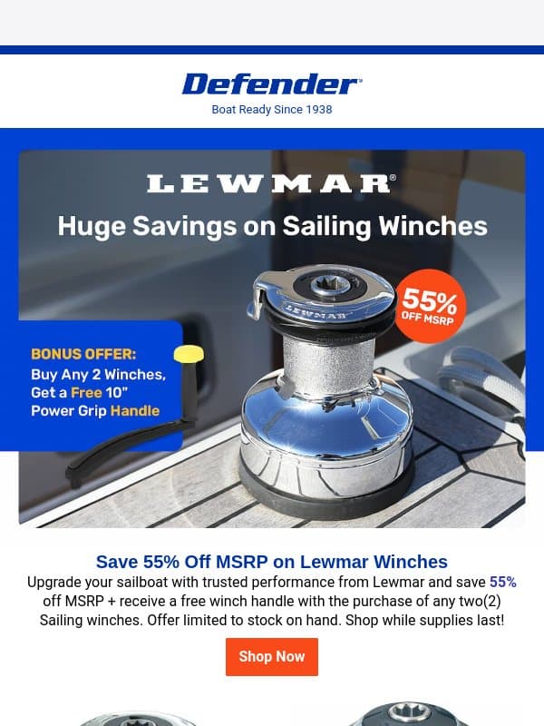 Save 55% Off MSRP on Lewmar Winches email from Defender Marine