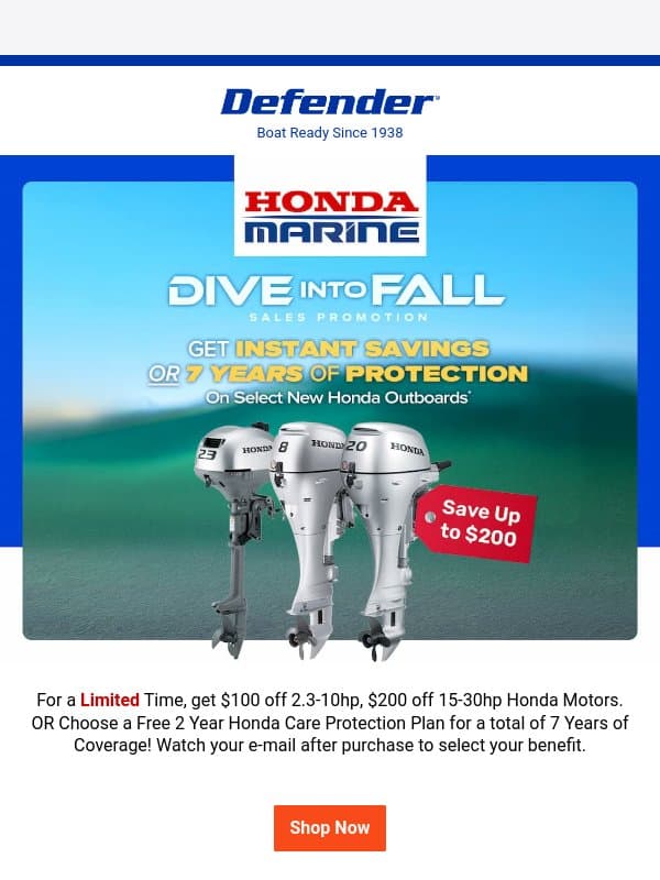 Honda Dive Into Fall Promotion email from Defender Marine