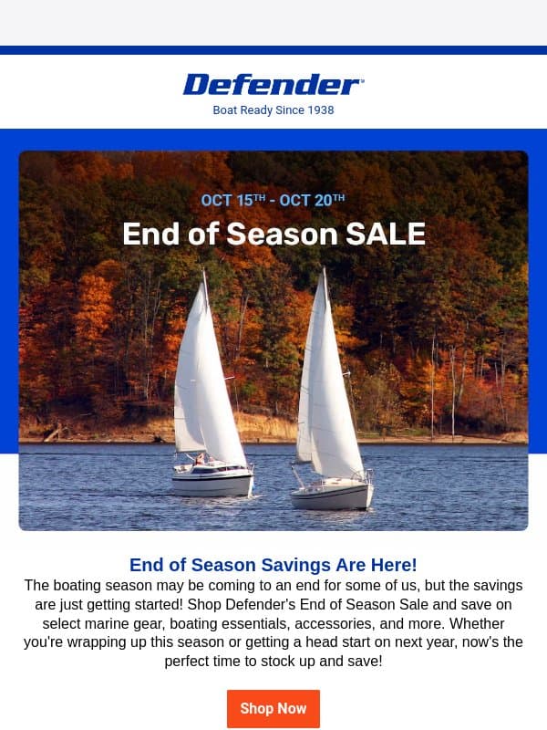 End of Season Sale – Great Savings on Marine Gear! email from Defender Marine