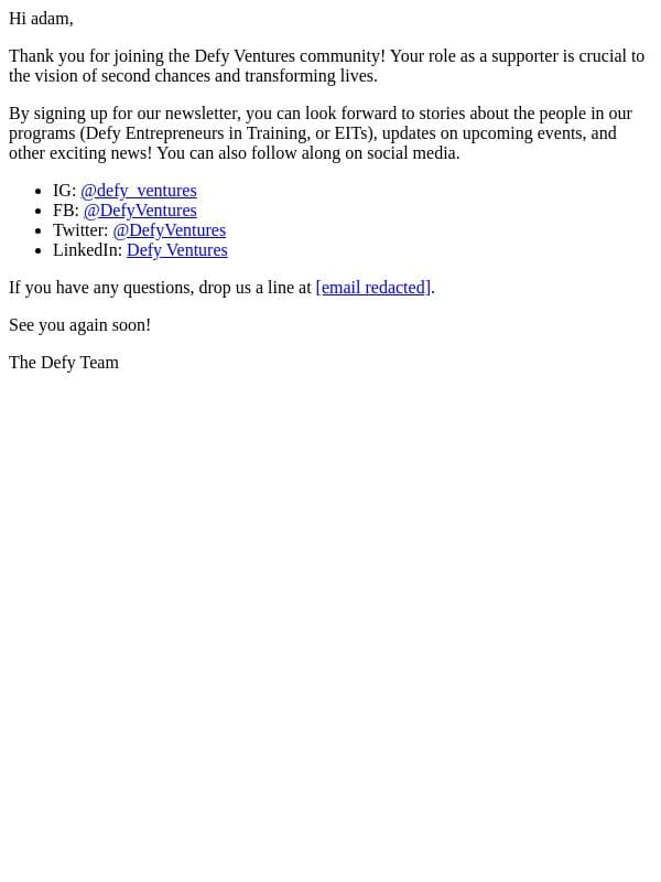 Thanks for signing up! email from Defy Ventures