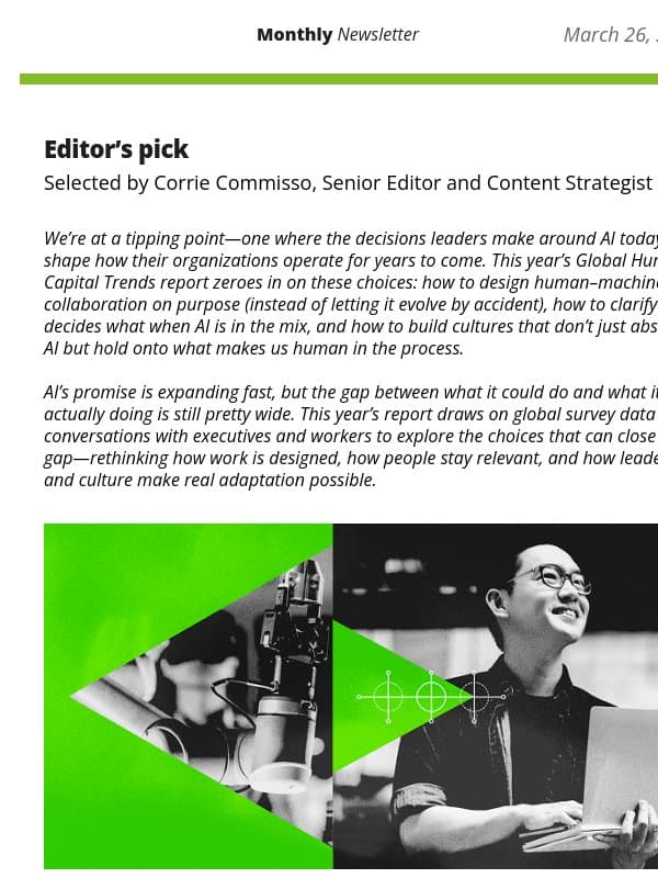 Monthly Newsletter | Designing human–machine collaboration email from Deloitte